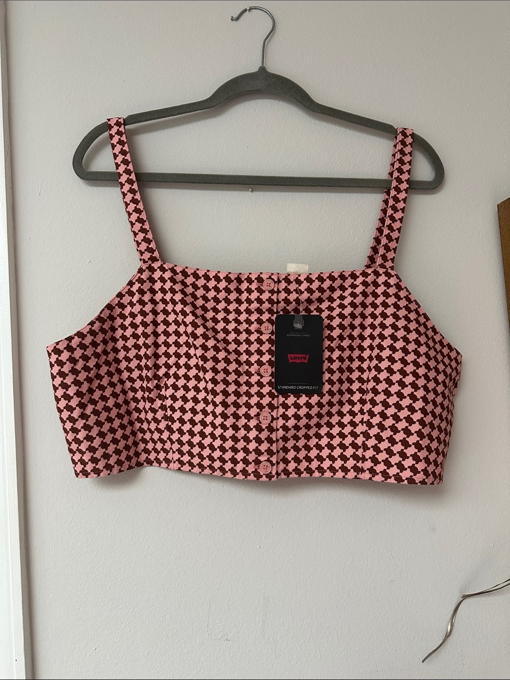 top LIVE'S XL Pink Houndstooth Button-Front Crop Tank Top - Picture 5 of 7